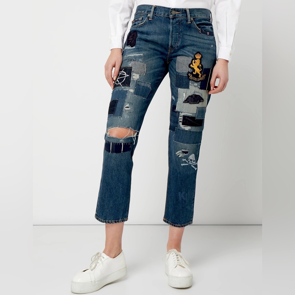 Polo Ralph Lauren Avery Patchwork Boyfriend Jeans, Blue Denim Lion Crest Size 25 - Picture 2 of 6
